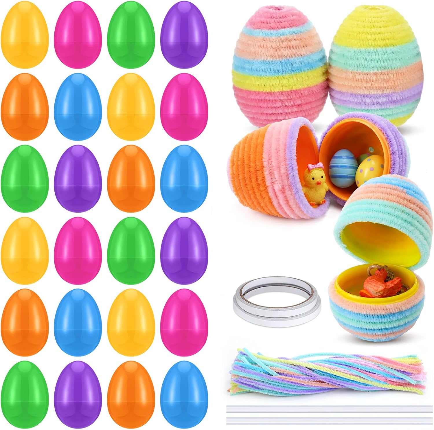 Hollowfly 24 Set Wrapped Easter Egg Crafts Kits for Kids Including 250 DIY Pastel Pipe Cleaners 24 Colorful Plastic Easter Egg Basket Bag Empty Stuffers Fillers for Crafts Hunt Prizes Party Favor