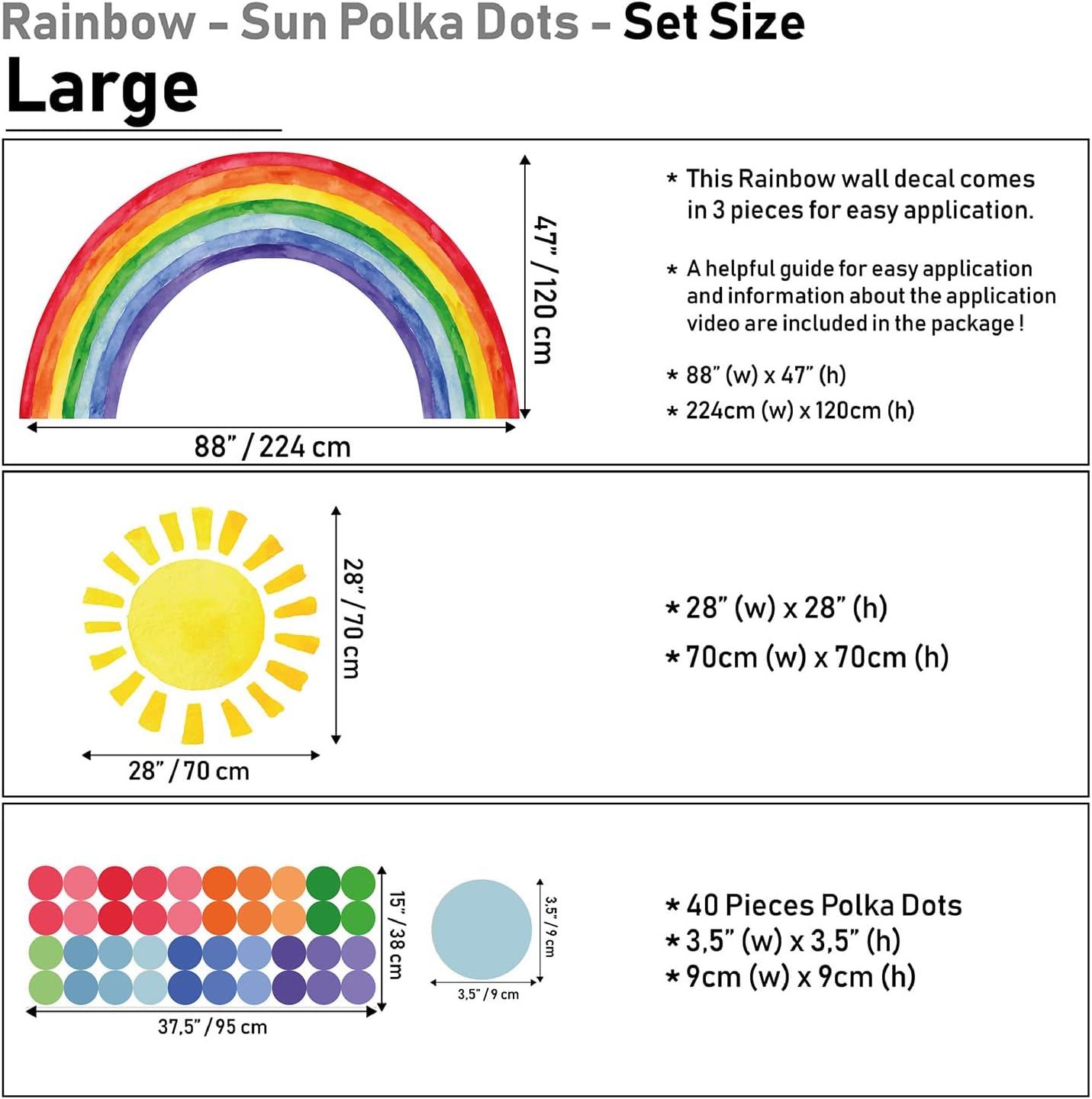 Watercolor Rainbow, Sun, Polka Dots Wall Decal for Kids Room, Nursery, Baby Room Decor, Polka Dots Mural, Rainbow Wallpaper (Vibrant Rainbow, Large)