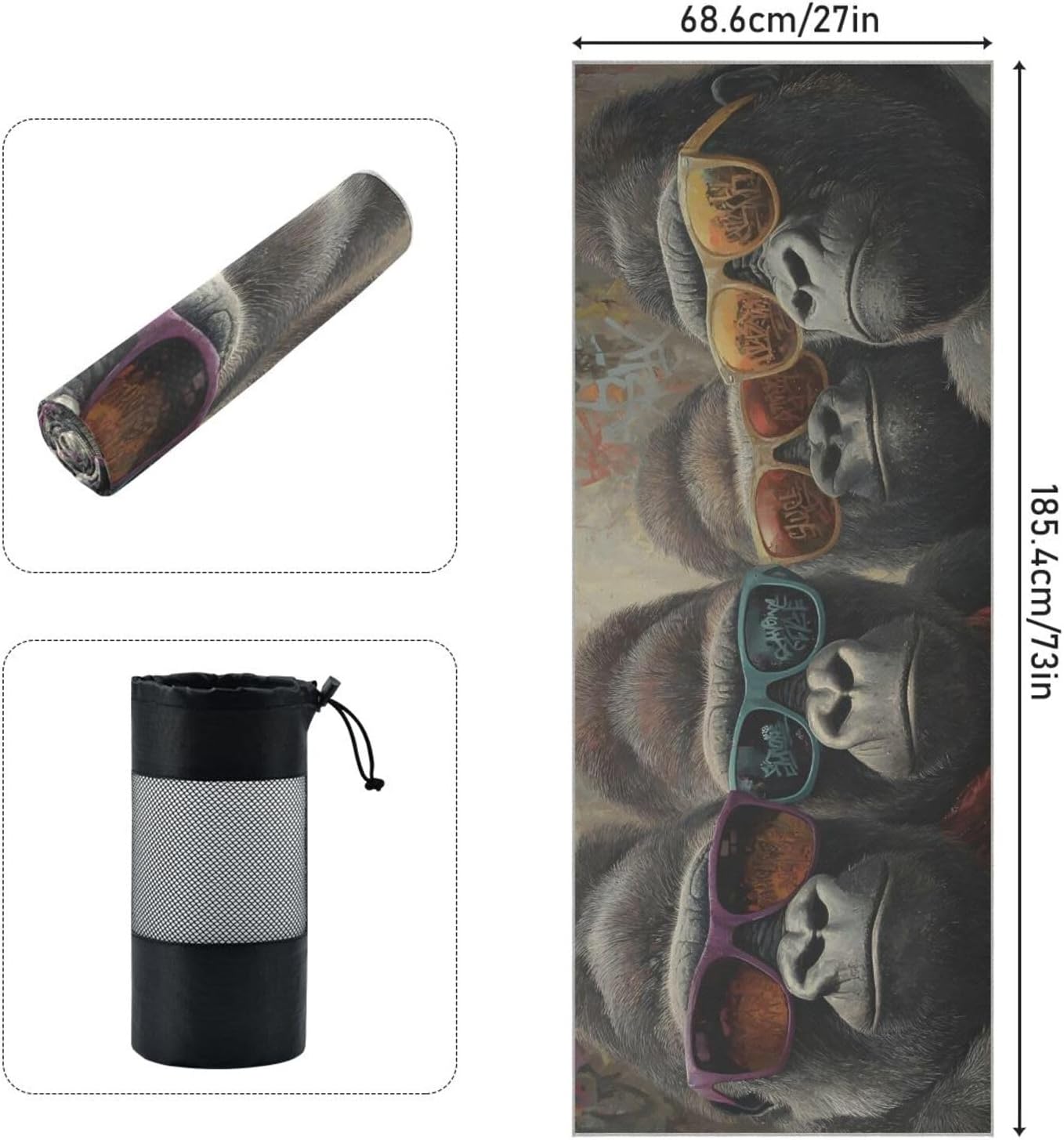 Hot Yoga Towel Gorillas Graffiti – Stylish, Non-Slip, Grip Dots, Super Absorbent, 27" x 73" - Yoga Mat Towels for Exercise, Fitness