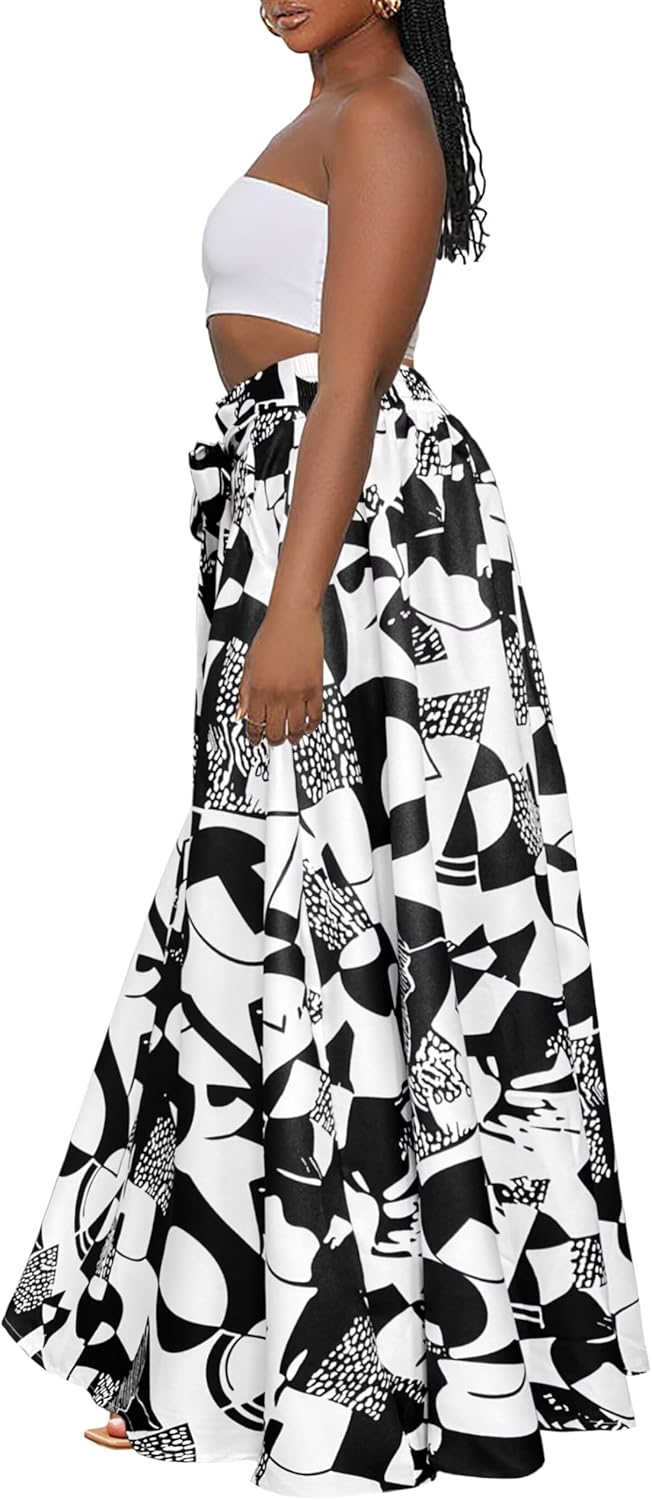 Afibi Womens Casual High Waist Tie African Print Long Maxi Skirt with Pockets - Image 4