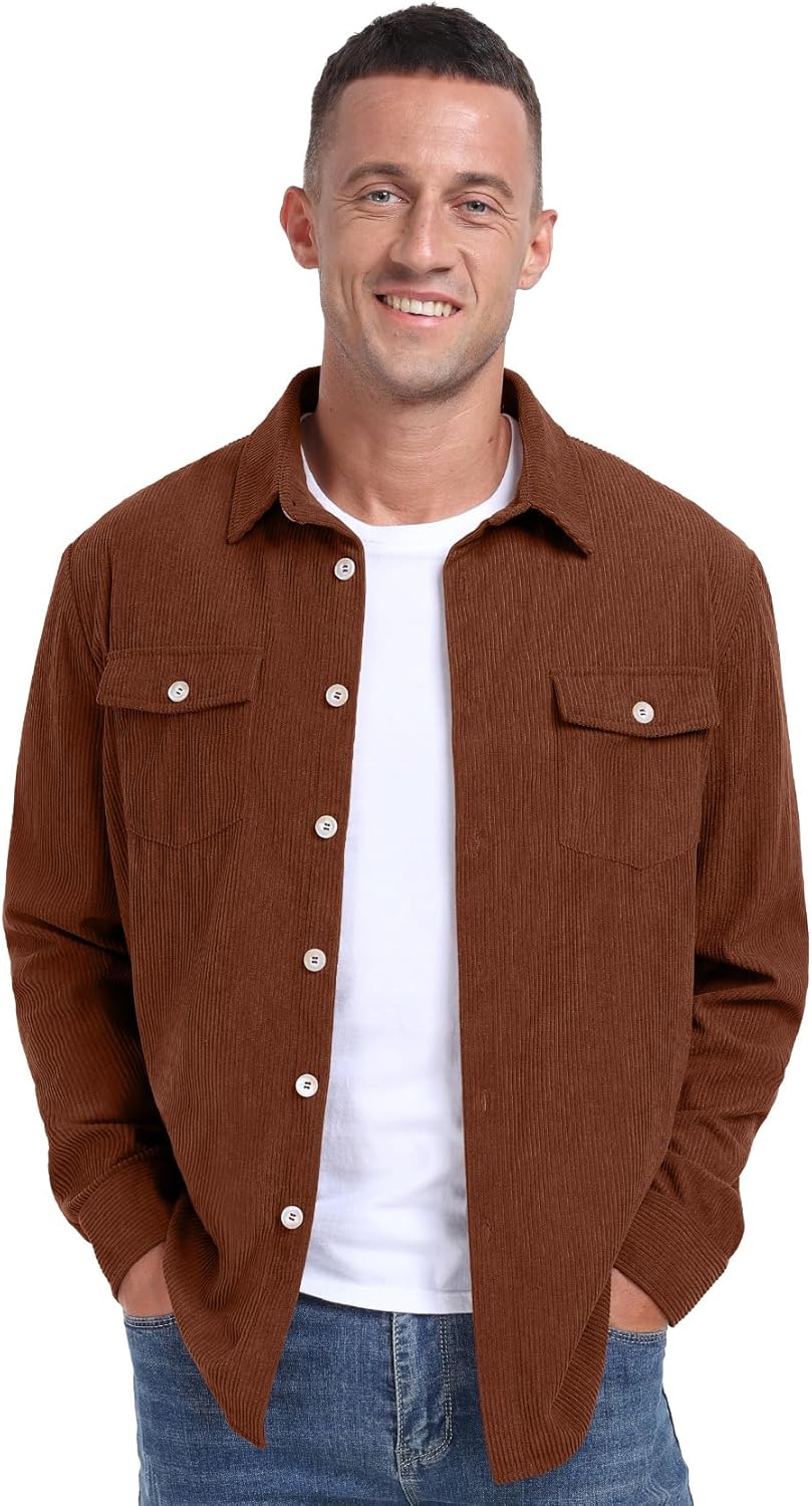 Askdeer Men's Corduroy Button Down Shirts Long Sleeve Casual Shacket Jacket Western Corduroy Shirt Jacket with Flap Pockets - Image 4