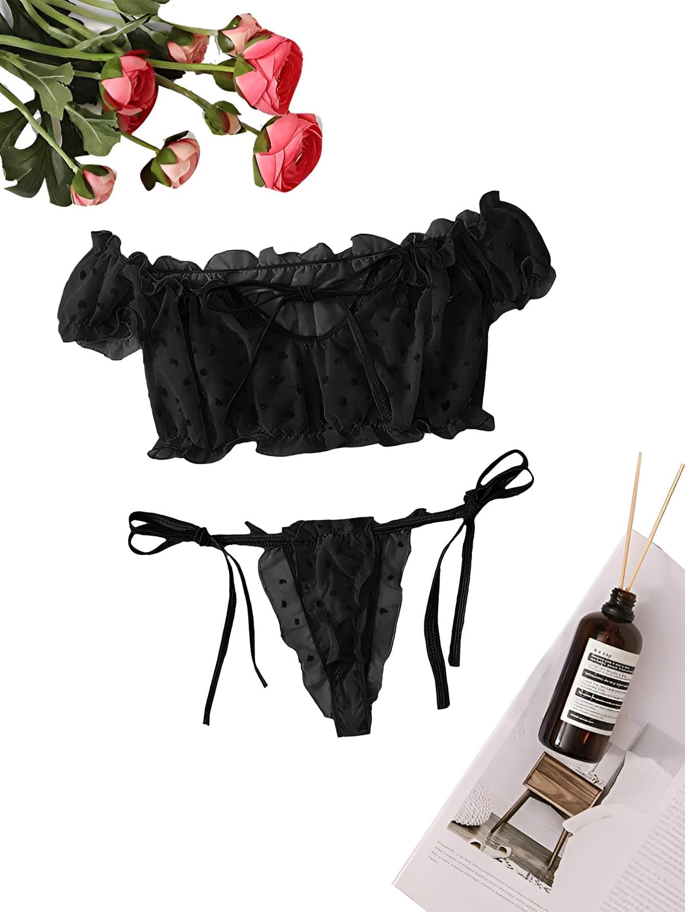 Lilosy Sexy Stretch Ruffle Tie Sheer Mesh Lingerie Set Outfits: Medium Chiffon Black