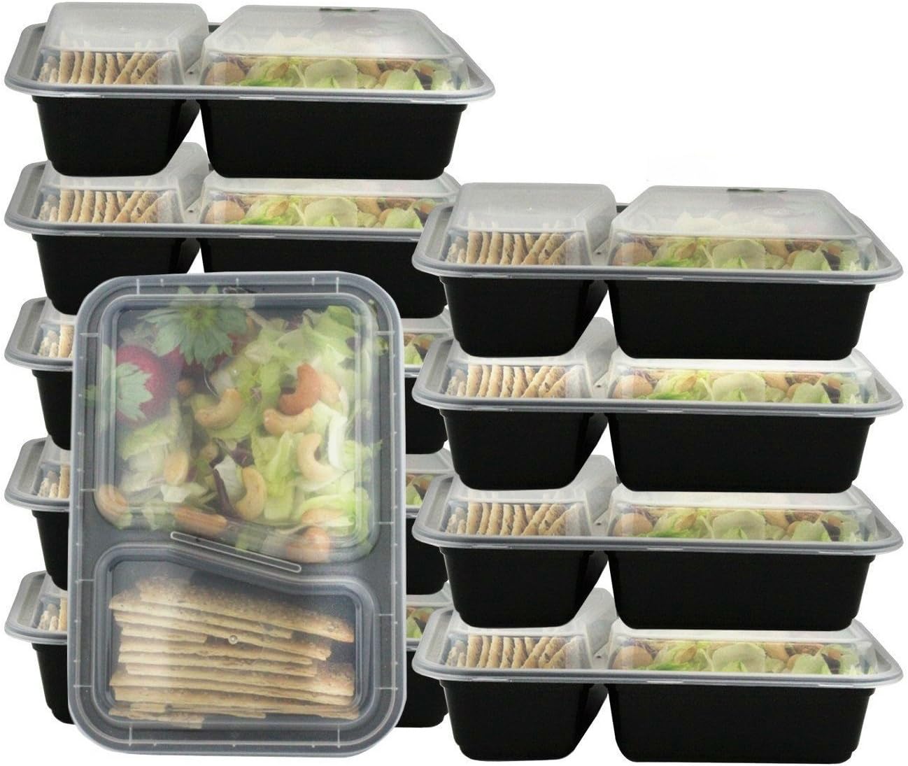 2 Compartment Portion Control Lunch Box and Food Storage Container Set -Black- 10 Pack