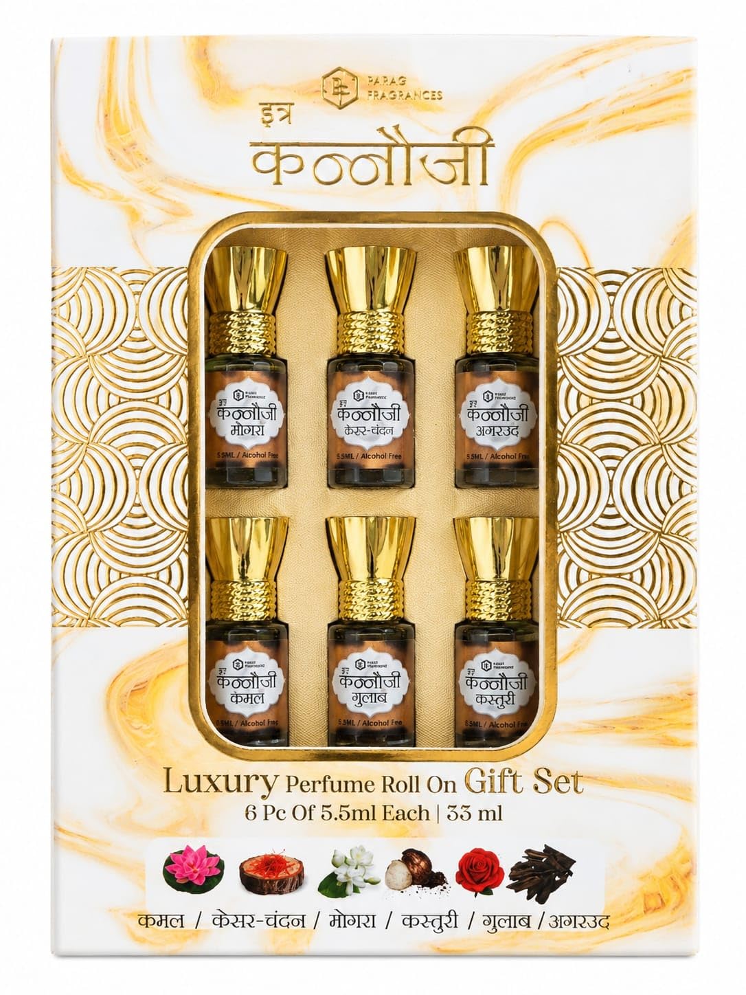 Parag Fragrances Kannauji Gift Set 6pc of 6ml Each/Gulab, Kesar-Chandan, Mogra, Agar oud, Kamal & Kasturi / 100% Alcohol Free & Natural Fragrance/Long Lasting for Pooja & Personal Use