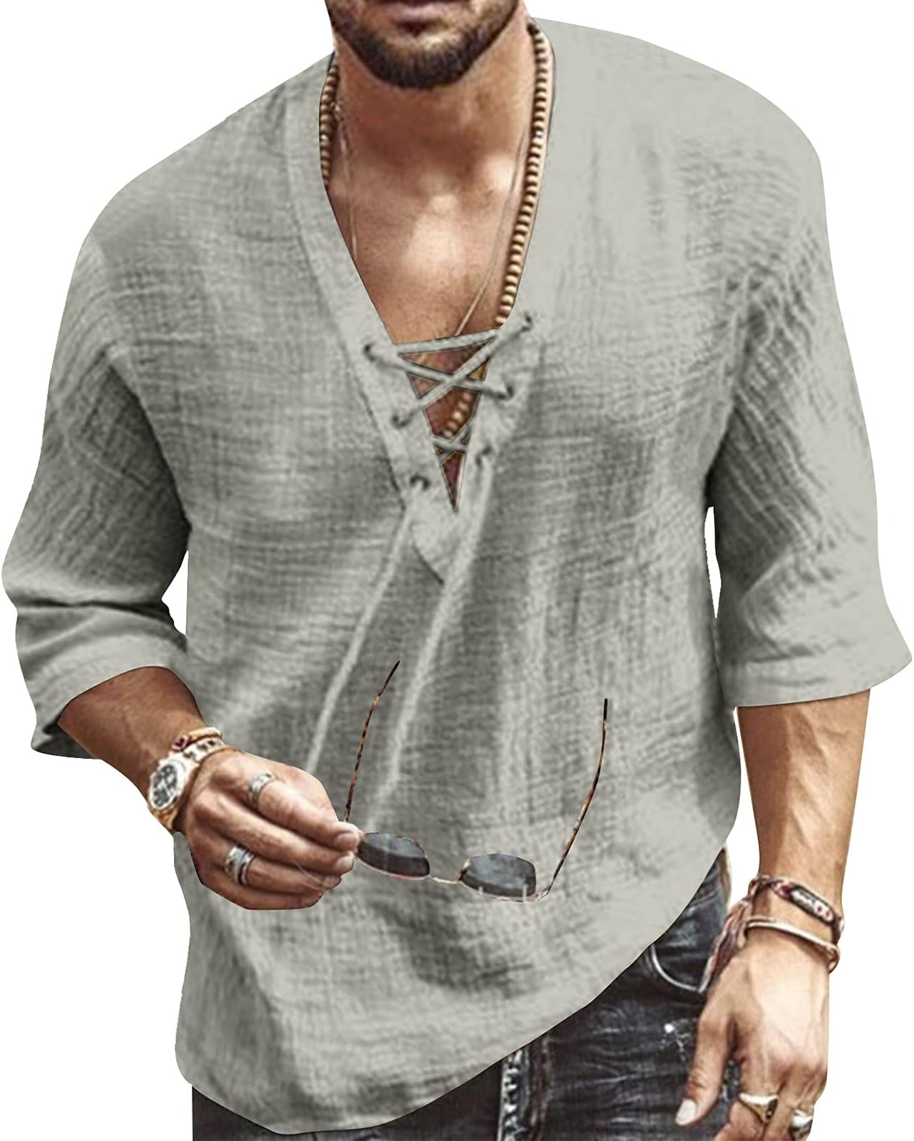 Men's Fashion Shirt Short Sleeve Beach V-Neck Drawstring Printing Yoga African Summer Top