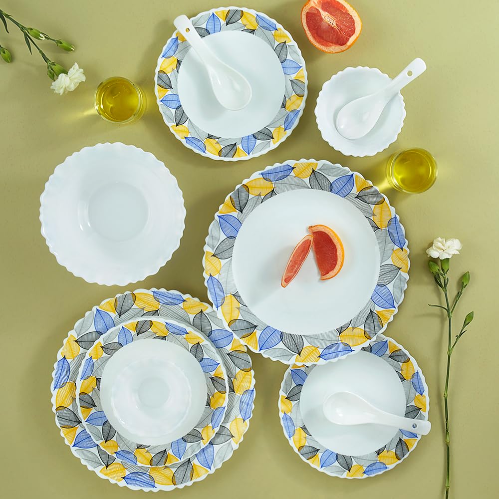 Silk Series Kora Opalware Dinner Set | 35 Pieces for Family of 6 | Microwave & Dishwasher Safe | Bone-Ash Free | Crockery Set for Dining & Gifting | Plates & Bowls | Leaf Pattern
