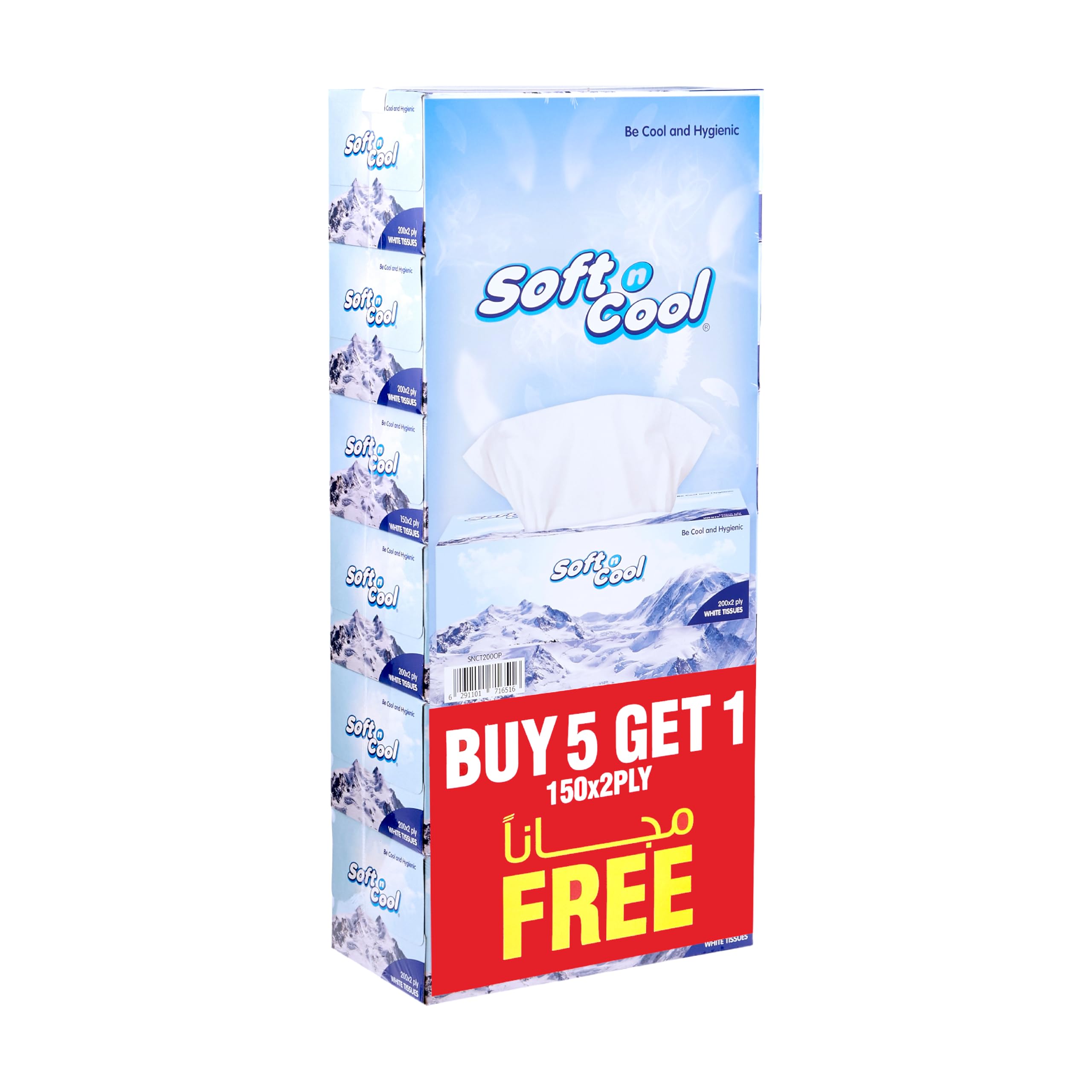 Soft N Cool Facial Tissue, 200 Sheets x 2 Ply, Pack of 5 + 1 Free
