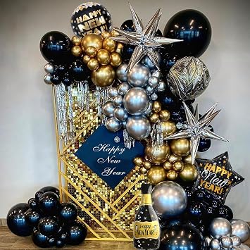 132Pcs Black Gold Silver Balloon Arch Garland Kit, New Year Eve Decorations | Explosion Star Champagne Bottle Foil Balloons, for 2026 Happy New Year, Birthday, Anniversary, Graduation Party Decor