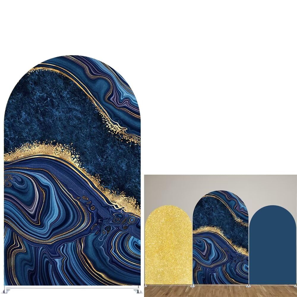 KONPON Blue Marble Round Top Arched Fabric Backdrop Covers,7ft Double-Sided Arch Stand Cover for Birthday Wedding Baby Shower Party Decoration(Only