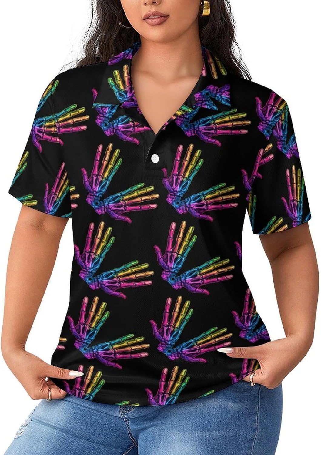 Colorful Skeleton Skull Print Womens Golf Polo Shirts Summer Short Sleeve Collared 3 Buttons T Shirt Activewear Tops