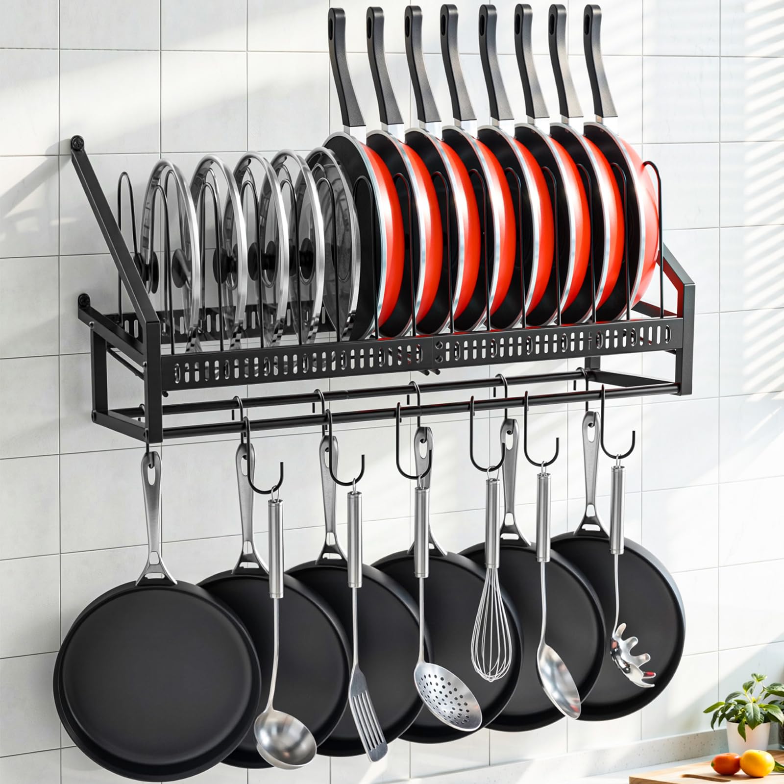 Housolution Organizador Sartenes de Pared | Soporte para sartenes colgantes con 6 Ganchos en S y 6 Ganchos Verticales