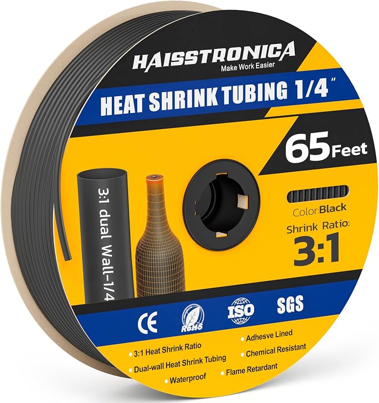 haisstronica Rollo de tubo termocontraíble 3:1 de 65 pies, 1/4" negro | Flexibilidad de corte a medida, revestimiento adhesivo, sello de grado marino, encogimiento activado por calor, cableado eléctrico, reparación de automóviles