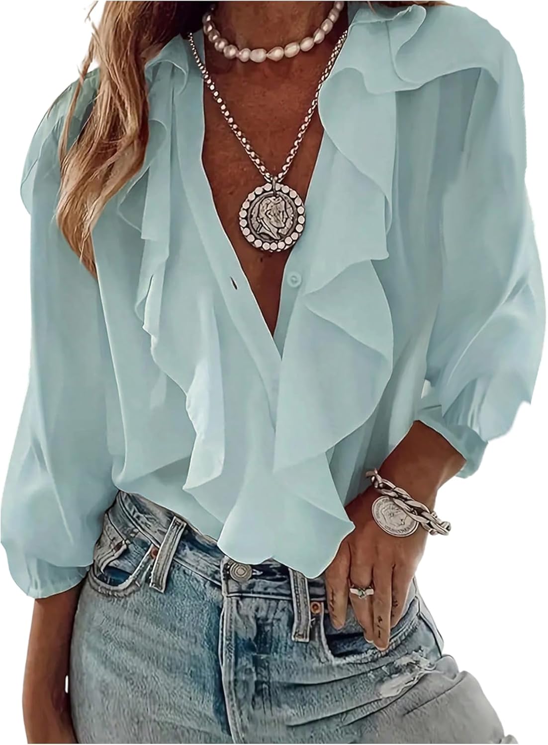 GORGLITTER Women's Ruffled Top Blouses Dressy Business Casual Button Up Long Sleeve V Neck Shirts Work Office Outfits