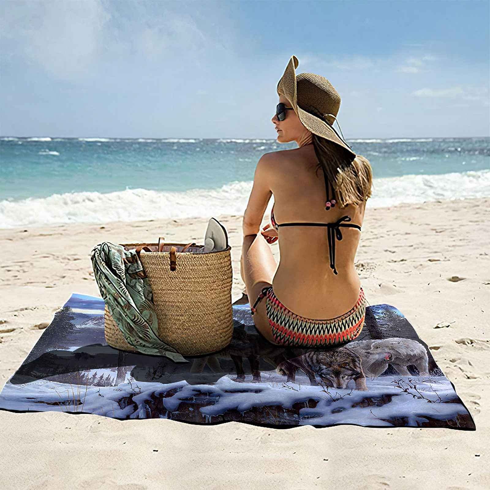 Telo Da Mare 3D Lupo Animale Di Montagna Della Neve Stampato Asciugamano Da Spiaggia 150x200cm Asciugamano Microfibra Grande Antisabbia Leggero Telo Mare Per Sport Piscina Viaggi In Famiglia Vac
