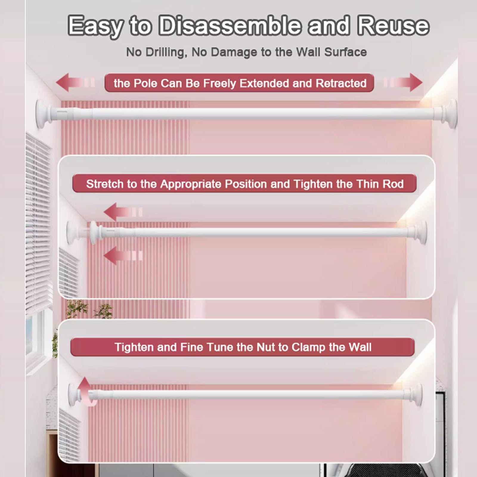 Barra de tensión ajustable, barra de cortina de ducha extensible para baño, puertas y armarios, 125-200 cm, decoración elegante del hogar, fácil instalación, acabado blanco