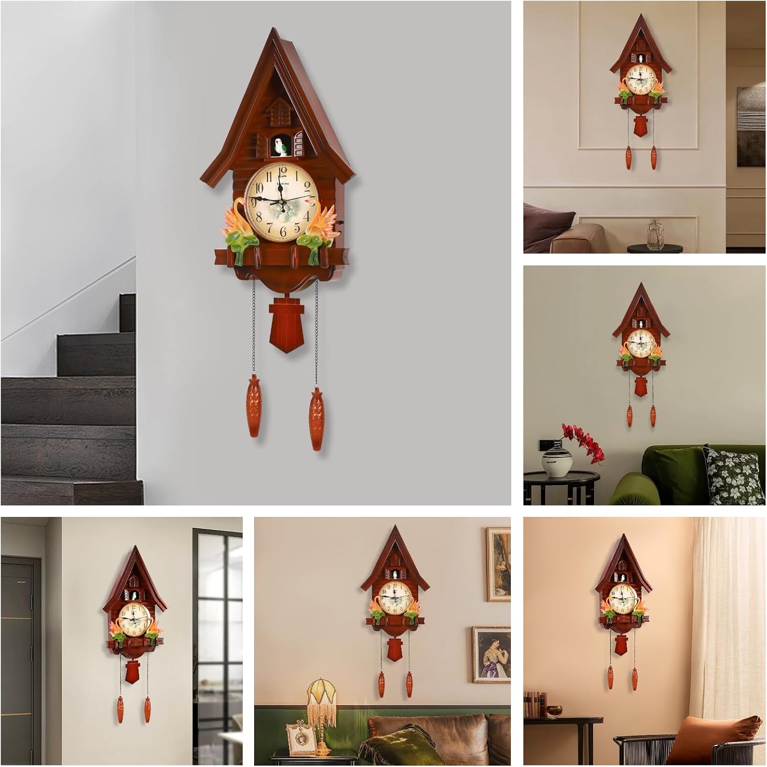 Wall Clocks, 6:00-21:00 Bird Chime C-u-c-k-o-o Clock w/ Pendulum, Retro House Shape Silent Wall Clock, Battery Powered Coo Coo Chime, Plastic Creative Home Decor Clock, 12.8*4.33*27.2in Reddish-brown
