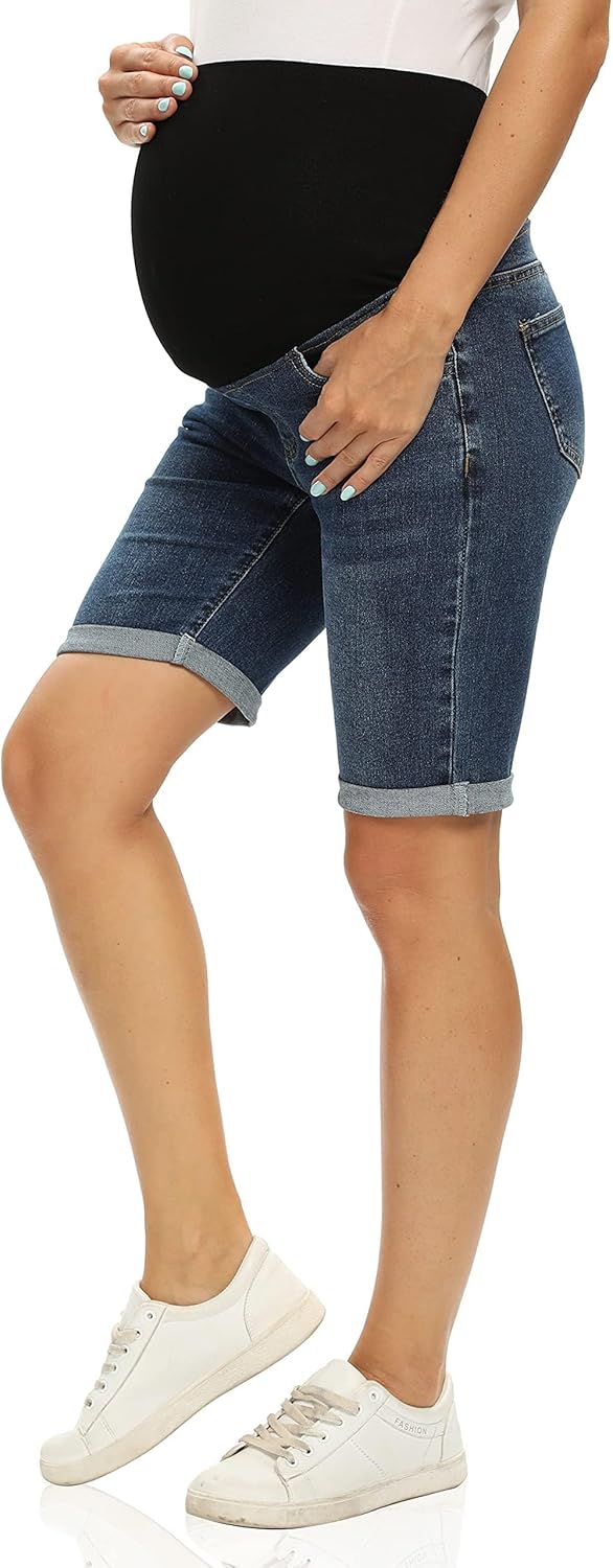 Foucome Women's Materntiy Denim Shorts Over The Belly Comfy Stretch Bermuda Jean Shorts - Image 6