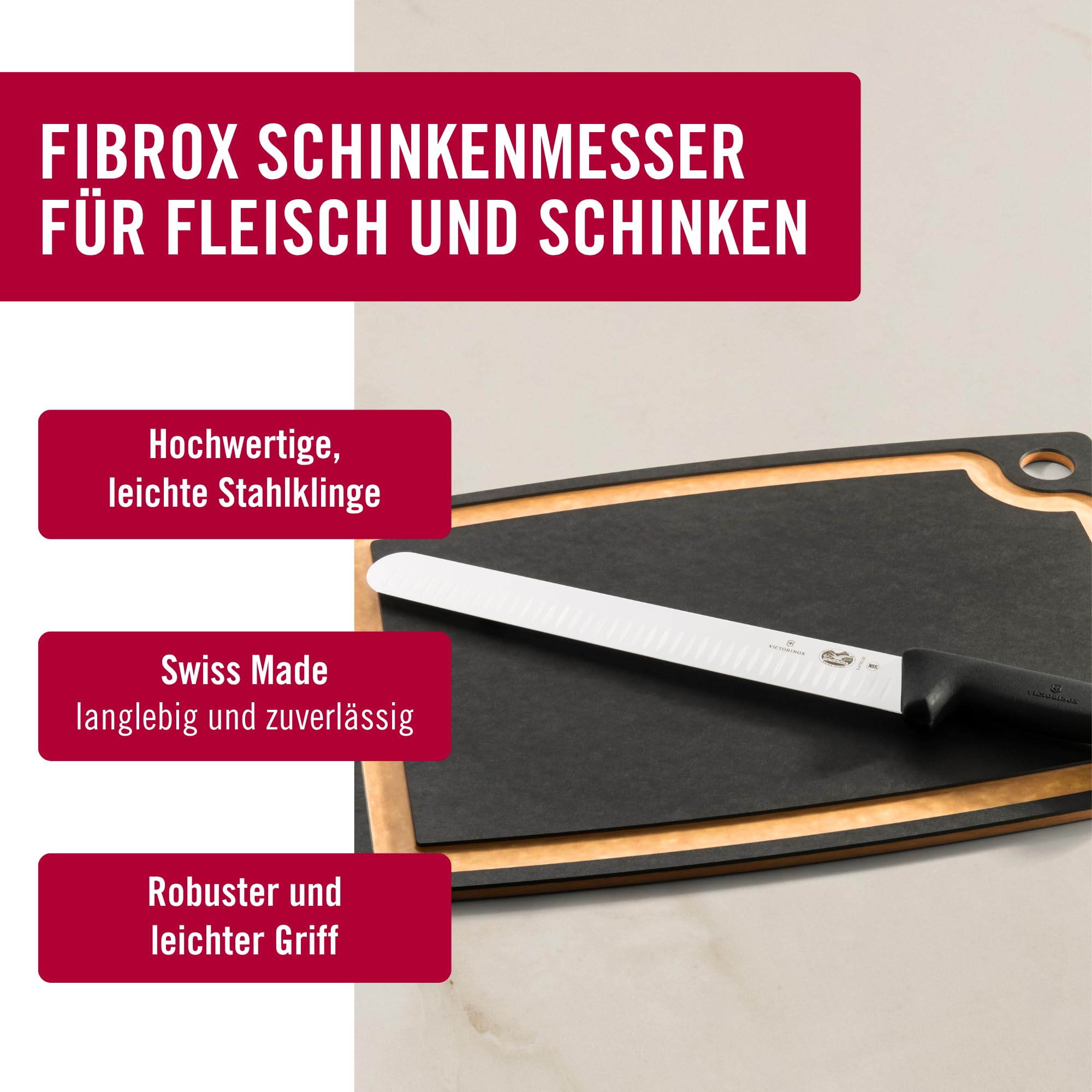 Victorinox Fibrox Schinkenmesser mit Kullenschliff, Scharfes Küchenmesser für Fleisch und Schinken, 30 cm, Gerade Klinge, Rostfreier Stahl, Schwarz