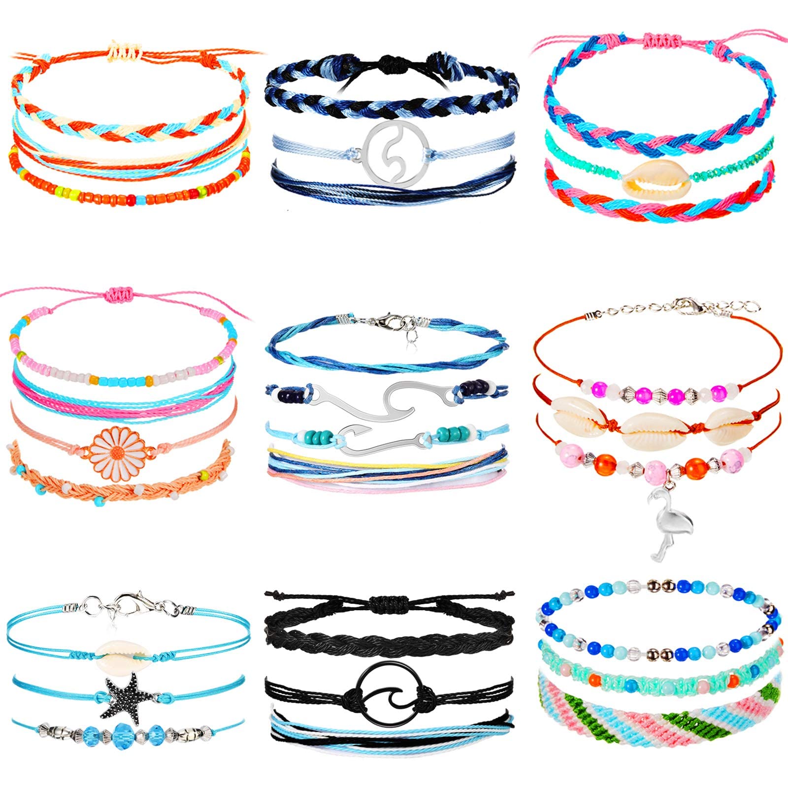 MAKINGTECBraided Bracelet Set, Adjustable Waterproof Wave Handmade Braided Bracelet Combination, Summer Bohemia Friendship Bracelet Anklet Jewelry for Girls Ladies (29 Pcs)