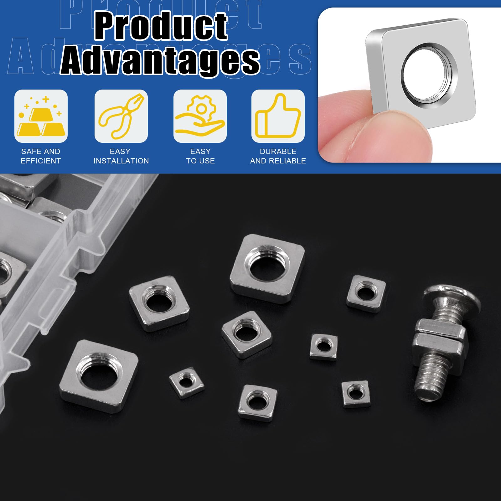 Glarks Set di 90 dadi quadrati in acciaio al carbonio M3 M4 M5 M6 M8 304 acciaio inox quadrato sottile dado quadrato macchina dado vite vite metrico grossolano kit assortimento