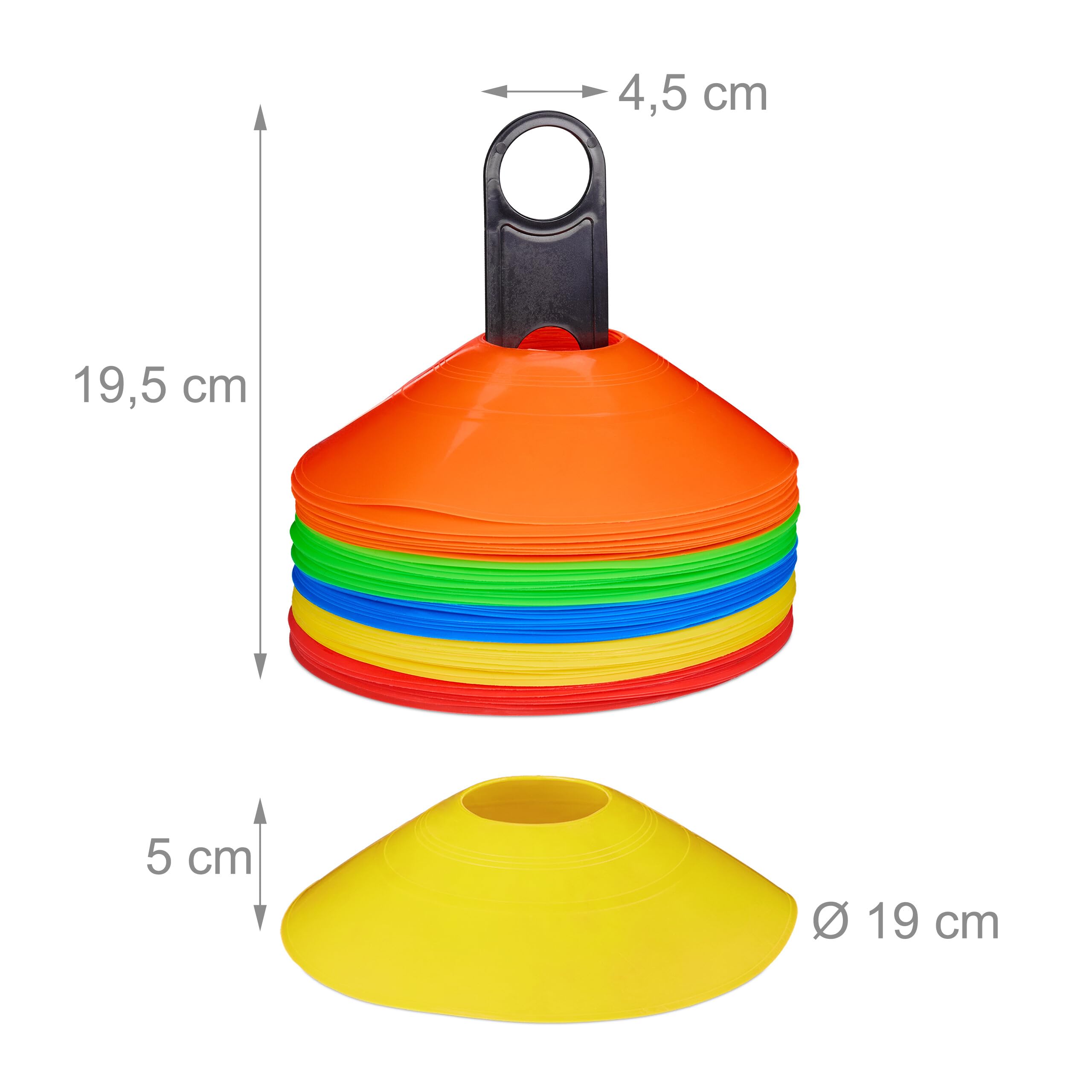 Relaxdays Plot de Sport, Lot de 50, 5 Couleurs, avec Support et Sac, en Plastique PE, H x D : 5 x 19 cm, coloré - 4