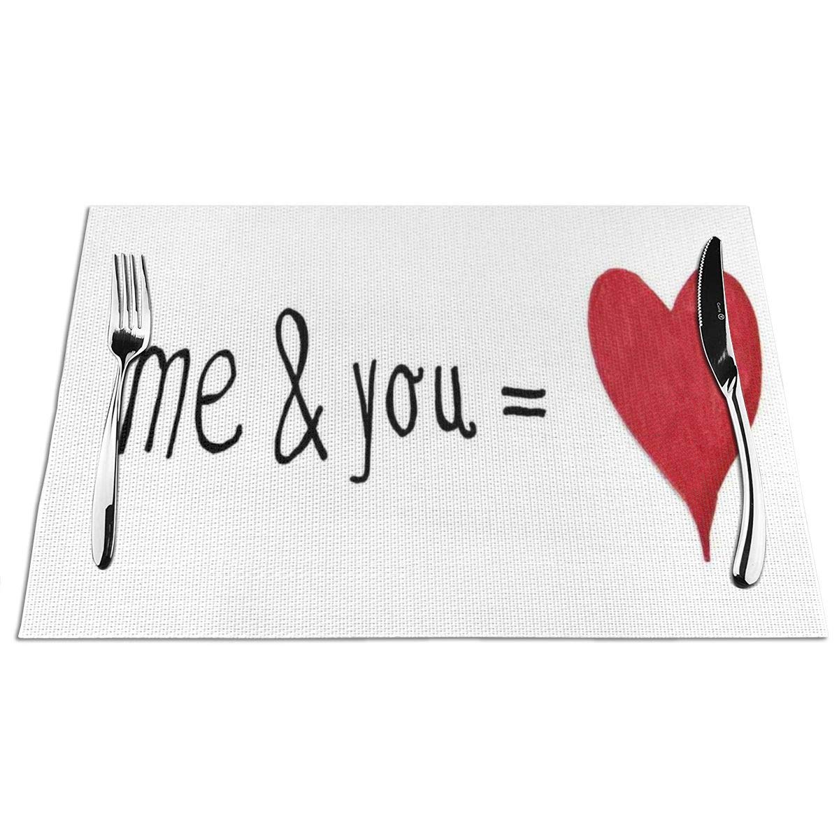 GULTMEE Placemats Heat-Resistant Stain Resistant Anti-Skid Washable PVC Table Mats,Me and You Equal to Us Everything My World Relationship Eros Valentines Print 4 PCS