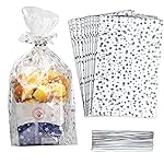 COQOFA 100 Pcs Star Printed 8X 12 Gift Wrap Cello Cellophane Treat Bags Party Favor bags Clear Candy Cookie Bags Plastic Poly Goodie Storage Bags with Twist Ties for Bakery,Birthday, Wedding ,Party Decorations (Silver)