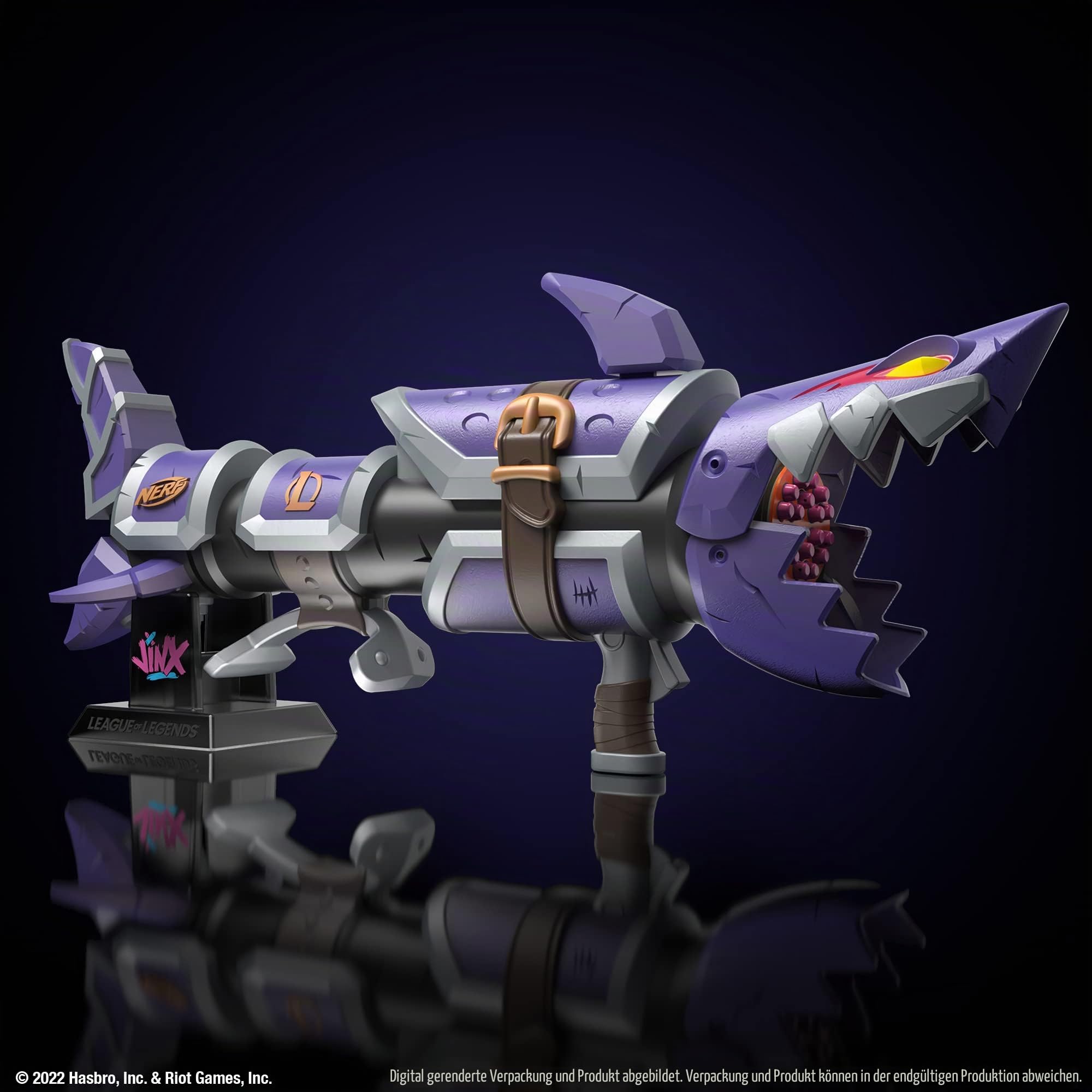 Nerf LMTD League of Legends Jinx Fishbones Blaster, 18 Dart-Trommel, 18 Nerf Elite Darts, 3er Dart-Abschuss, Display-Ständer