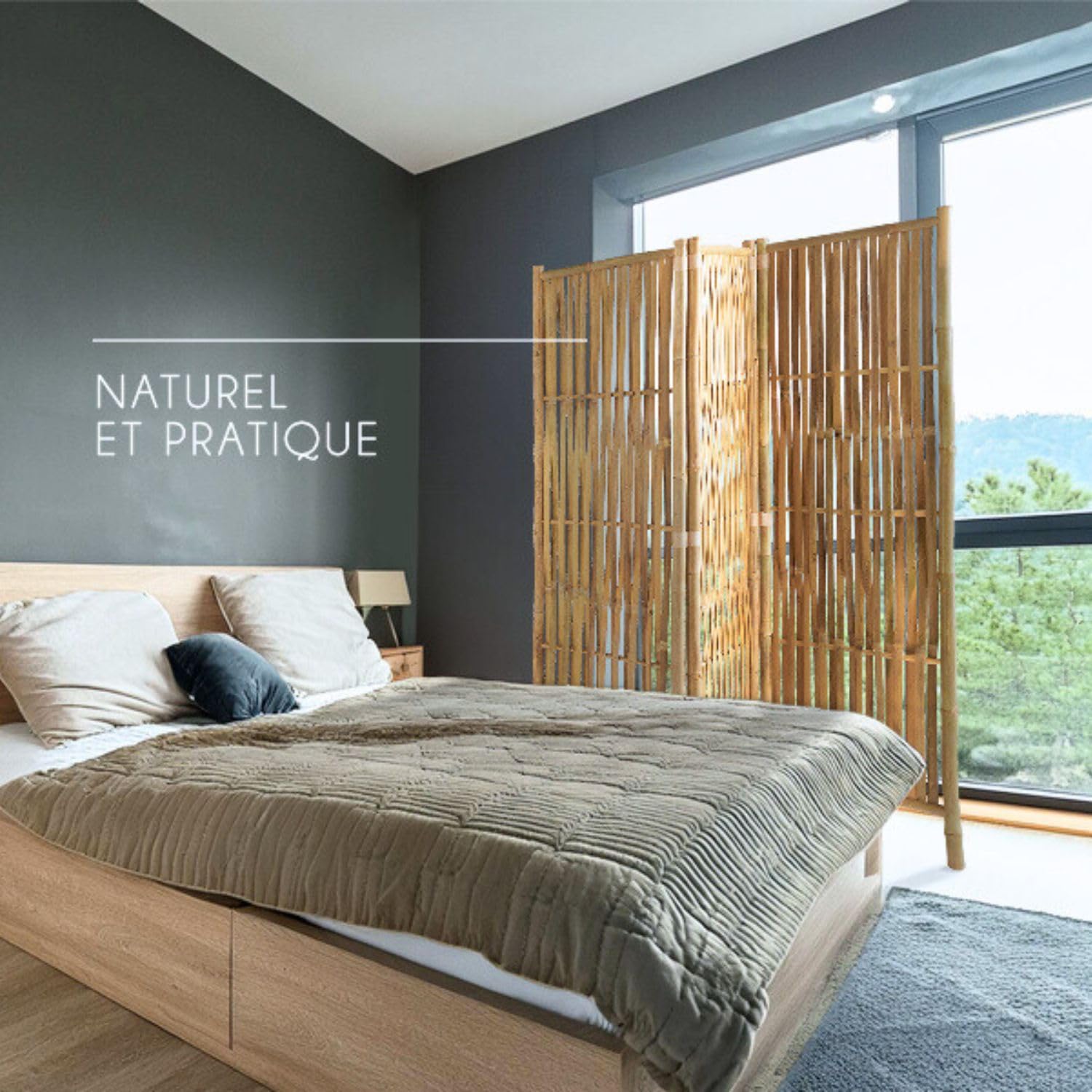BOX AND BEYOND Biombo de Interior - 160 x 139 cm - Separador de ambientes en bambú Natural - Biombo de 3 Paneles - Biombo para Dormitorio, salón - Mampara móvil