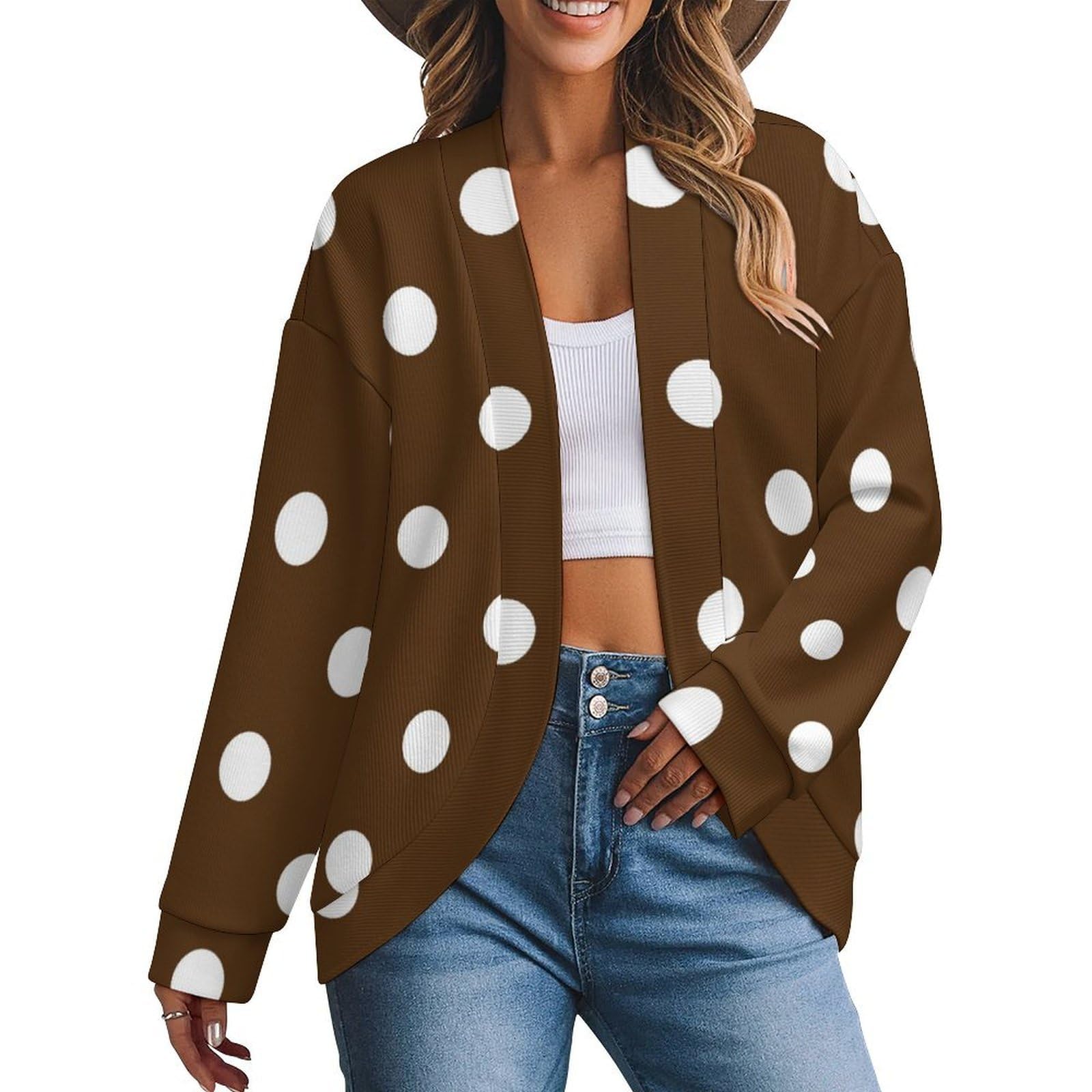 XYPSHN Black White Polka Dots Womens Open Front Sweater Long Sleeve Shoulder Cardigans Loose Coats Pullover Loungewear