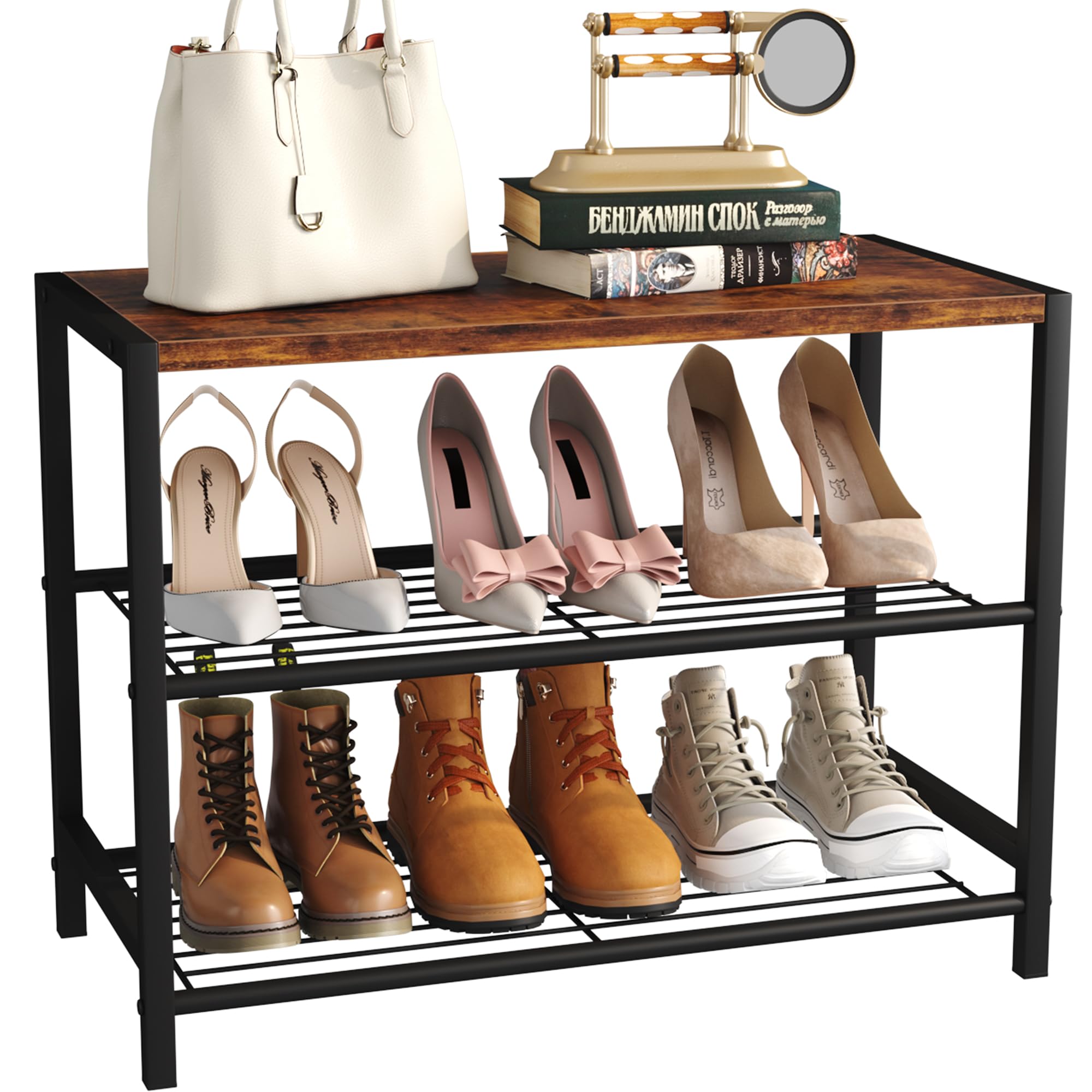 Yusong Shoe Rack, 3 Tier Shoe Organizer Storage for Closet Entryway, Narrow Slim Metal Shoe Shelves with Industrial Wooden Top, Rustic Brown and Black