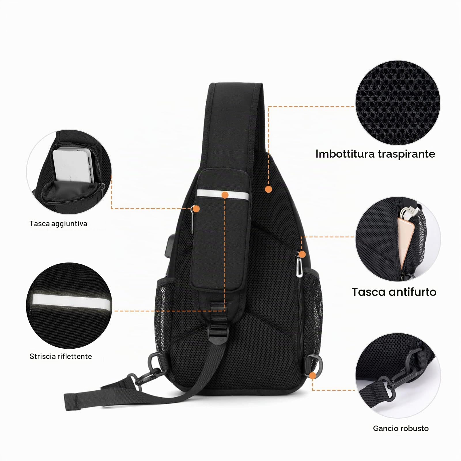 MOSISO Zaino Monospalla a Tracolla per Uomo Donna, Zaino Viaggio e Escursionismo, Borsa Petto con Tasca Quadrata Anteriore e Porta Ricarica USB