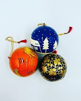手作り 手芸 ペーパーマッシュ 装飾ボール3個セット カラフル ハンドメイド ハンドペイント カラフル クリスマス ホリデー デコレーション クリスマスツリー オーナメントボール、3