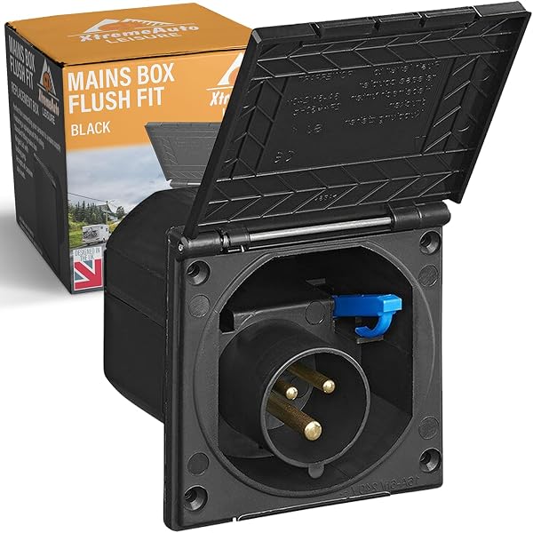 Xtremeauto 240V Mains Flush Fit Socket Box - Caravan 16 Amp Socket, Mains 16amp Campervan Inlet Hookup Cable Socket Plug, Flush To Fit Most Caravans & Campervans External 16a Sockets (Black) - 1