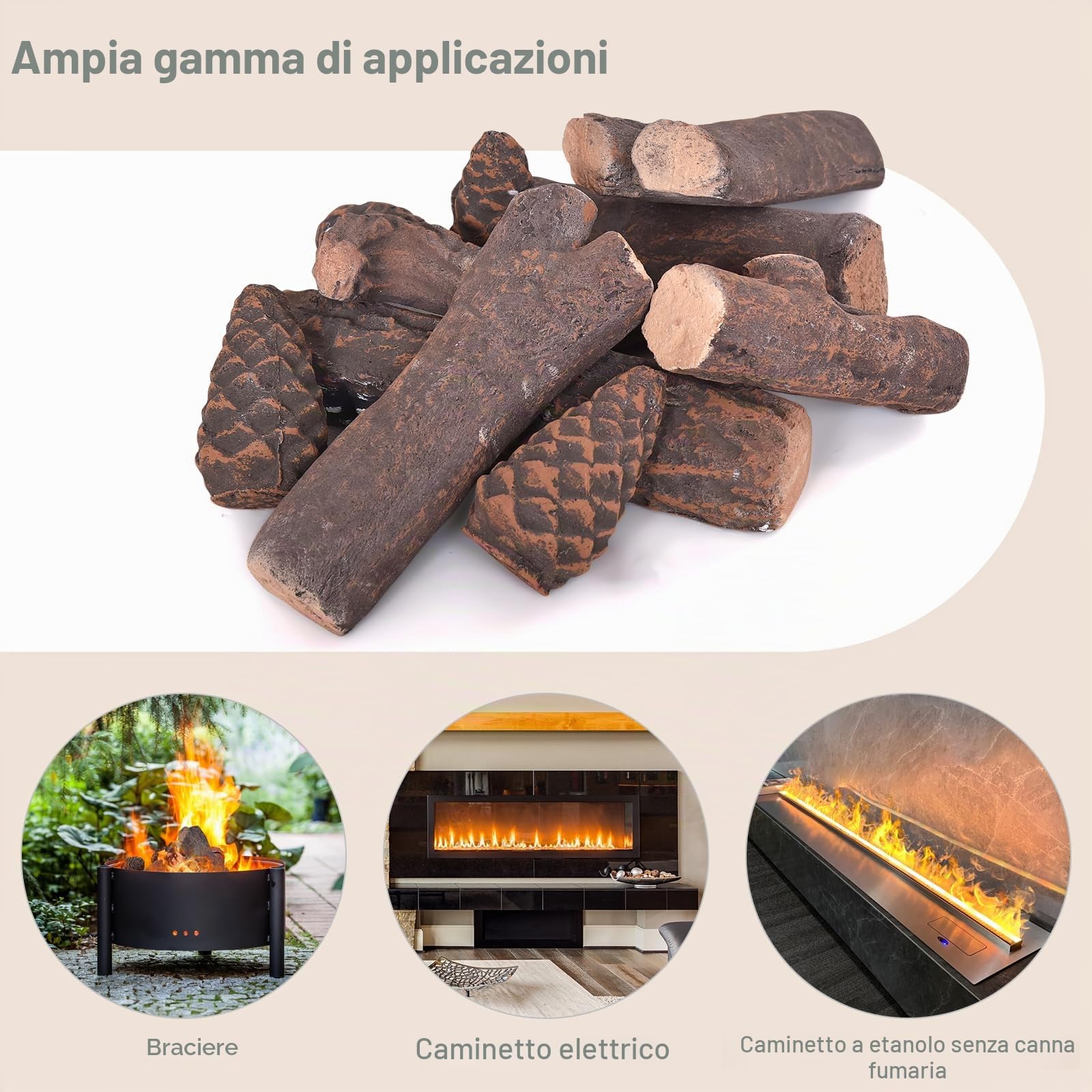 GIANTEX Set di 9 Pezzi di Tronchi in Ceramica a Gas, Decorativi Falsi in Legno in Ceramica per Interni Ed Esterni, a Gas per Camini a Bioetanolo, Camino Elettrico, Pozzo di Fuoco