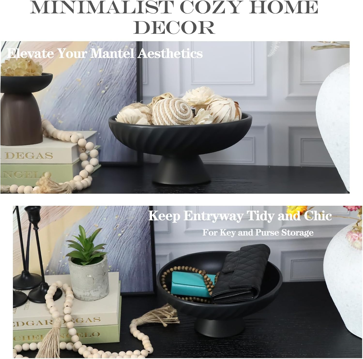 Decorative Bowl for Fruit Candy Keys Purse - Large Pedestal Decor Bowl for Kitchen Counter - Morden Round 10" Aesthetic Bowls for Coffee Entry Table Centerpiece Decor (Black)