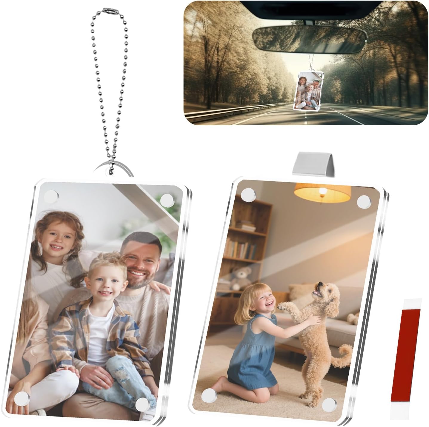 2PCS Car Picture Holder for Sun Visor or Rear View Mirror,Magnetic Car Photo Holder for Displaying Photos,Transparent 3.54" Cars Picture Frame with Sun Visor Clip & Chain