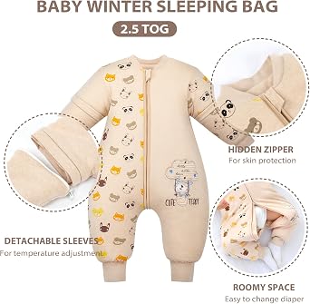 Mosebears Baby Sleeping Bag, 2.5 TOG Baby Sleep Sack with Legs,Winter Sleeping Bag with Removable Sleeves