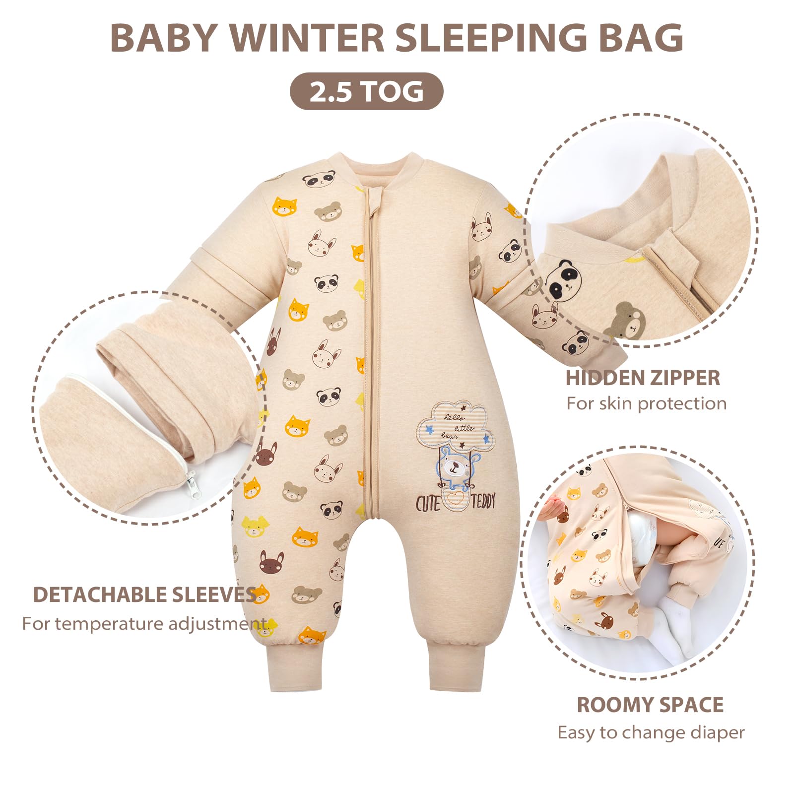 Chils Uessy Baby - Sacco Nanna Invernale In Bio Cotone 3.5 Tog Con Maniche Lunghe Rimovibili - Beige, Taglia XL (105-120cm)