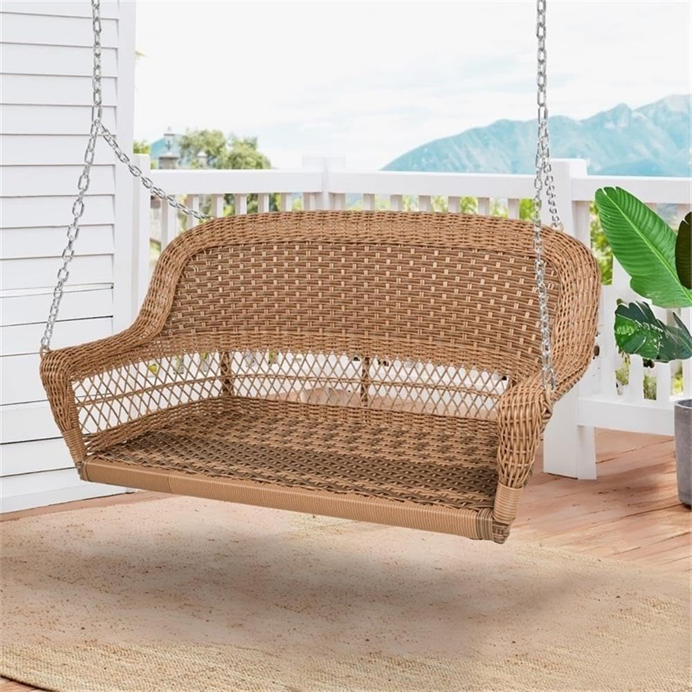 Pemberly Row Resin Wicker Porch Swing, Honey Finish, 51.5" W x 26.5" D x 23.5" H, All-Weather Hand-Woven Design, Durable Steel Frame, Hanging Chain Included, Outdoor Patio or Poolside Swing