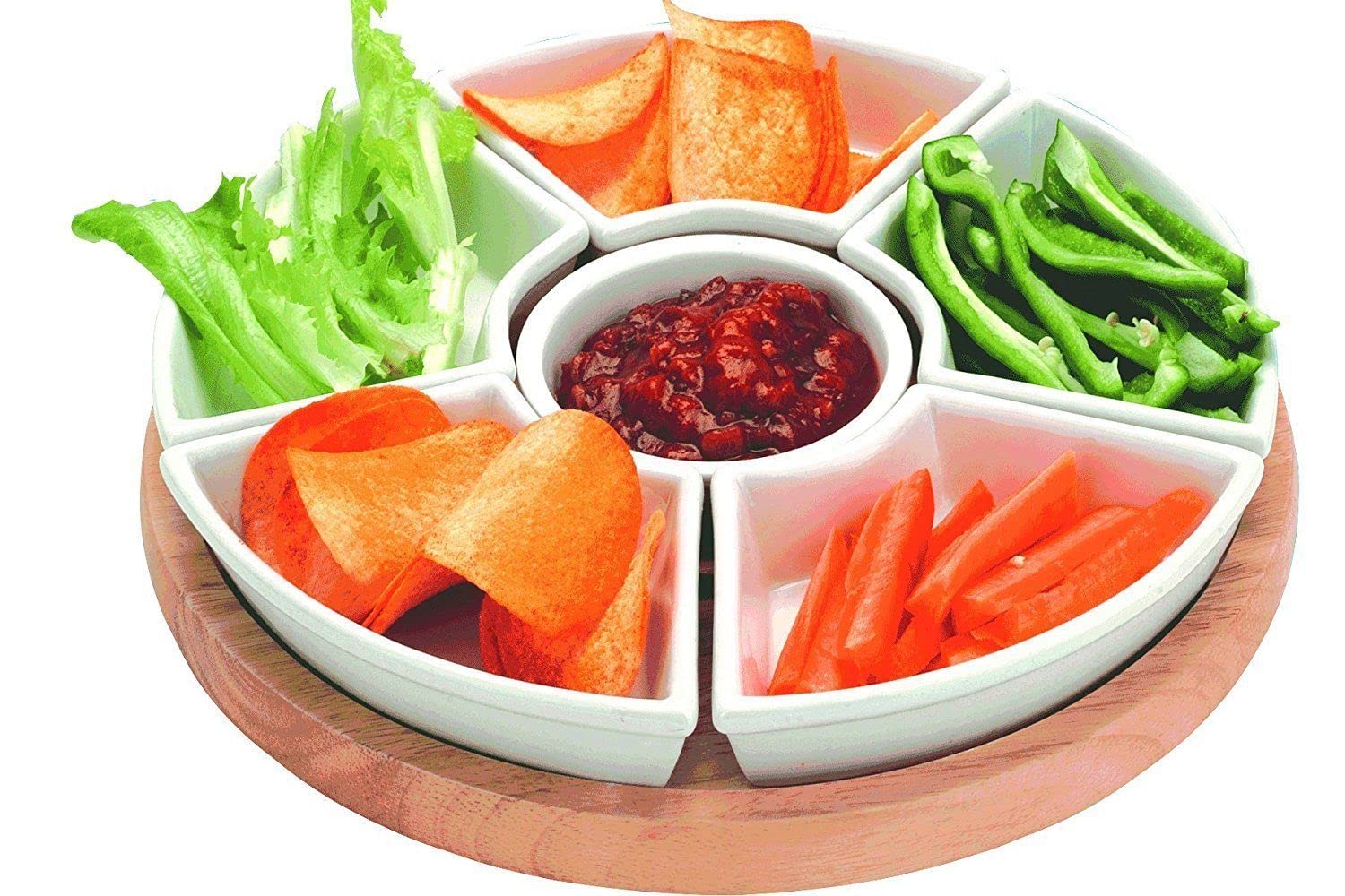 Glow Lazy Susan Wooden Turntable with Ceramic Dishes – Elegant 35cm Wood Serving Tray Revolves 360Deg – Rotating Board Plate Table Centrepiece Serve Cake Cheese Snacks Home Dining Xmas Party