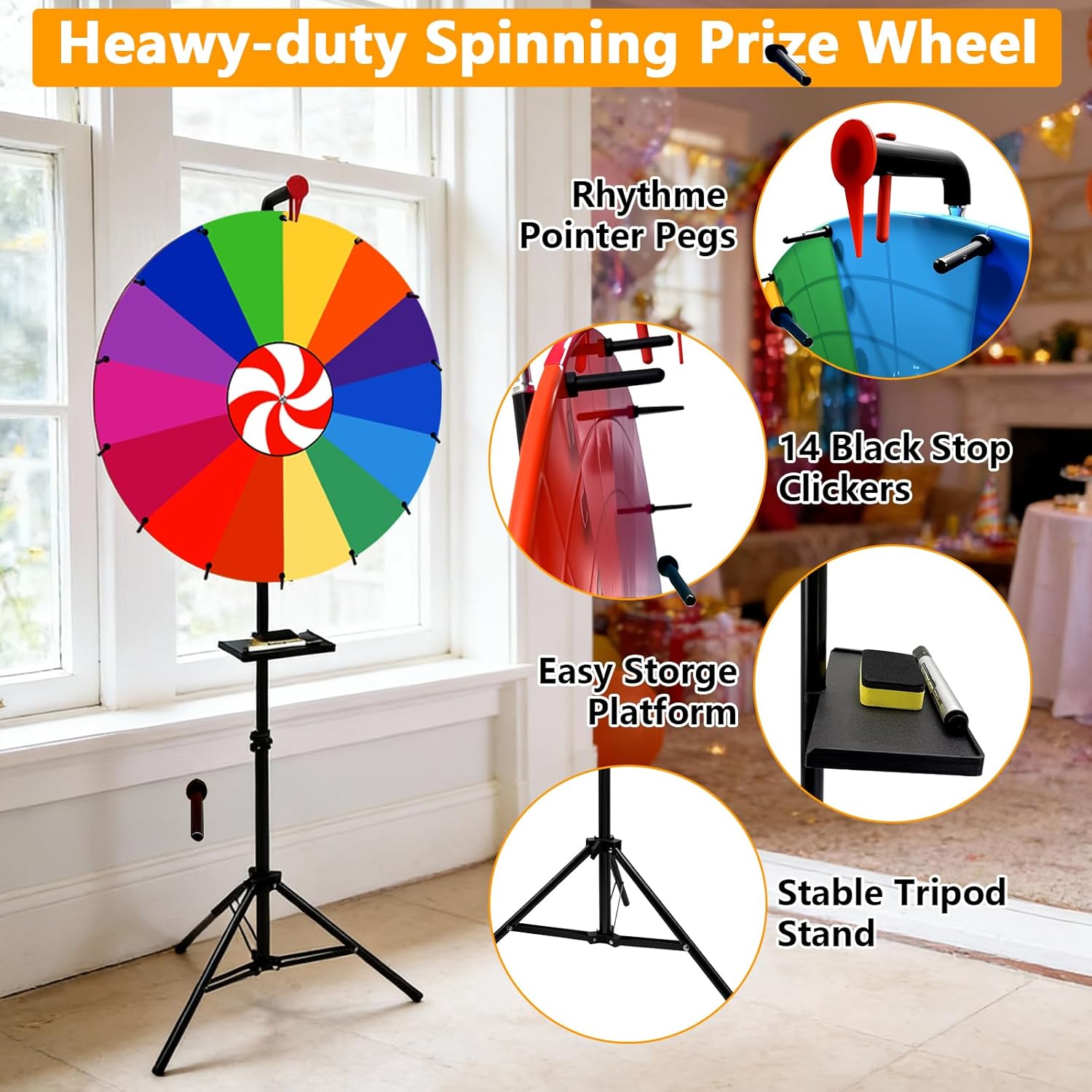 24-inch Heavy Duty Spinning Prize Wheel with Stand, Professional 34"-65" Adjustable Height Metal Floor & Tabletop Spinner, 14-Slot Dry Erase Wheel of Fortune for Trade Shows, Carnivals