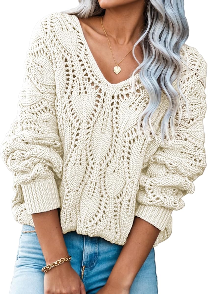 Dokotoo Women's Sweaters V Neck Crochet Hollow Out Winter Pullover Sweaters