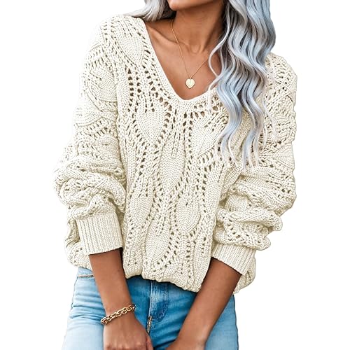 Dokotoo Women's Fall Sweaters V Neck Crochet Hollow Out 2025 Trendy Casual Winter Pullover Sweaters