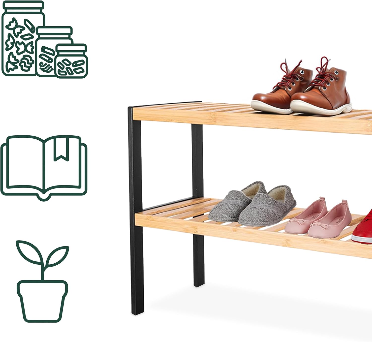 Relaxdays Shoe Rack, H 33 x W 70 x D 26 cm, Bamboo, 2 Levels, 6 Pairs of Shoes, Shoe Rack, Mesh Shelves, Natural/Black