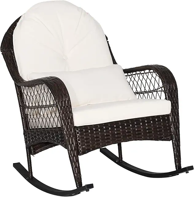 Costway Cream White Wicker Rocking Chair with Cushion & Lumbar Pillow - Outdoor Patio Rocker