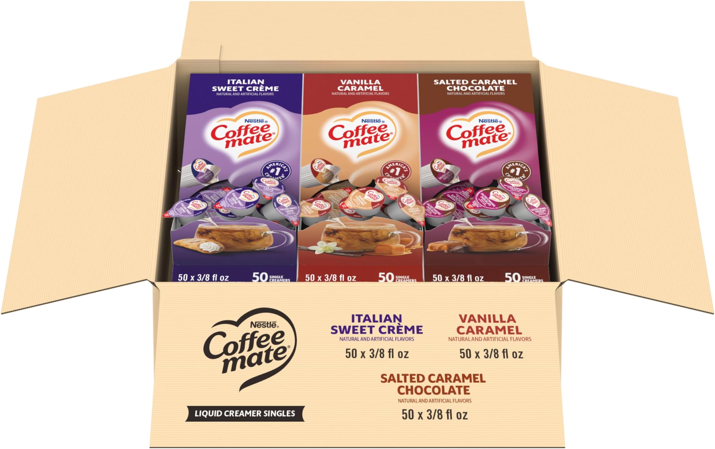 - Nestle Coffee mate Creamer Singles Variety Pack, Italian Sweet Creme, Salted Caramel Chocolate, Vanilla Caramel Non Dairy, No Refrigeration, 0.375 fl oz Tubs, 150 Count (Pack of 50 Per Flavor)