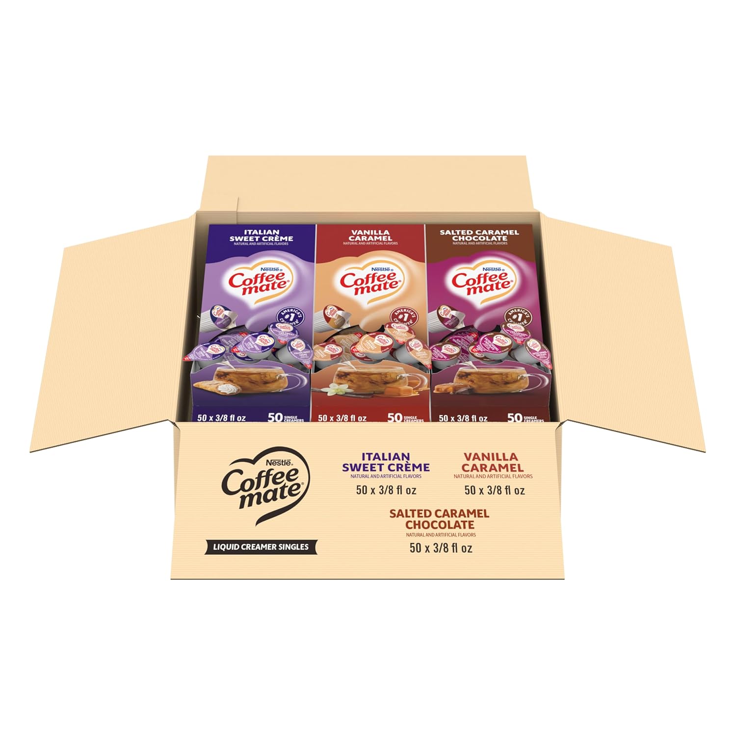 Nestle Coffee mate Creamer Singles Variety Pack, Italian Sweet Creme, Salted Caramel Chocolate, Vanilla Caramel Non Dairy, No Refrigeration, 0.375 fl oz Tubs, 150 Count (Pack of 50 Per Flavor)