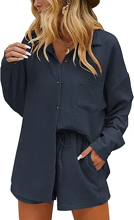 Ekouaer Two Piece Sets for Women Long Sleeve Lounge Set Button Down Shirts and Casual Shorts with Pockets Tracksuit
