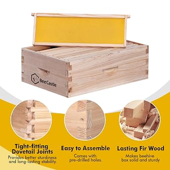 BeeCastle 8 Frame Medium Super Bee Hive Box, Langstroth Honey Bee Hive Include Beehive Frames and Waxed Foundations (Unassembled)